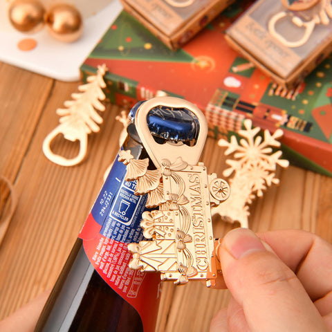 wxfdac 4-in-1 Christmas bottle opener packaging image; elegant presentation for guests.