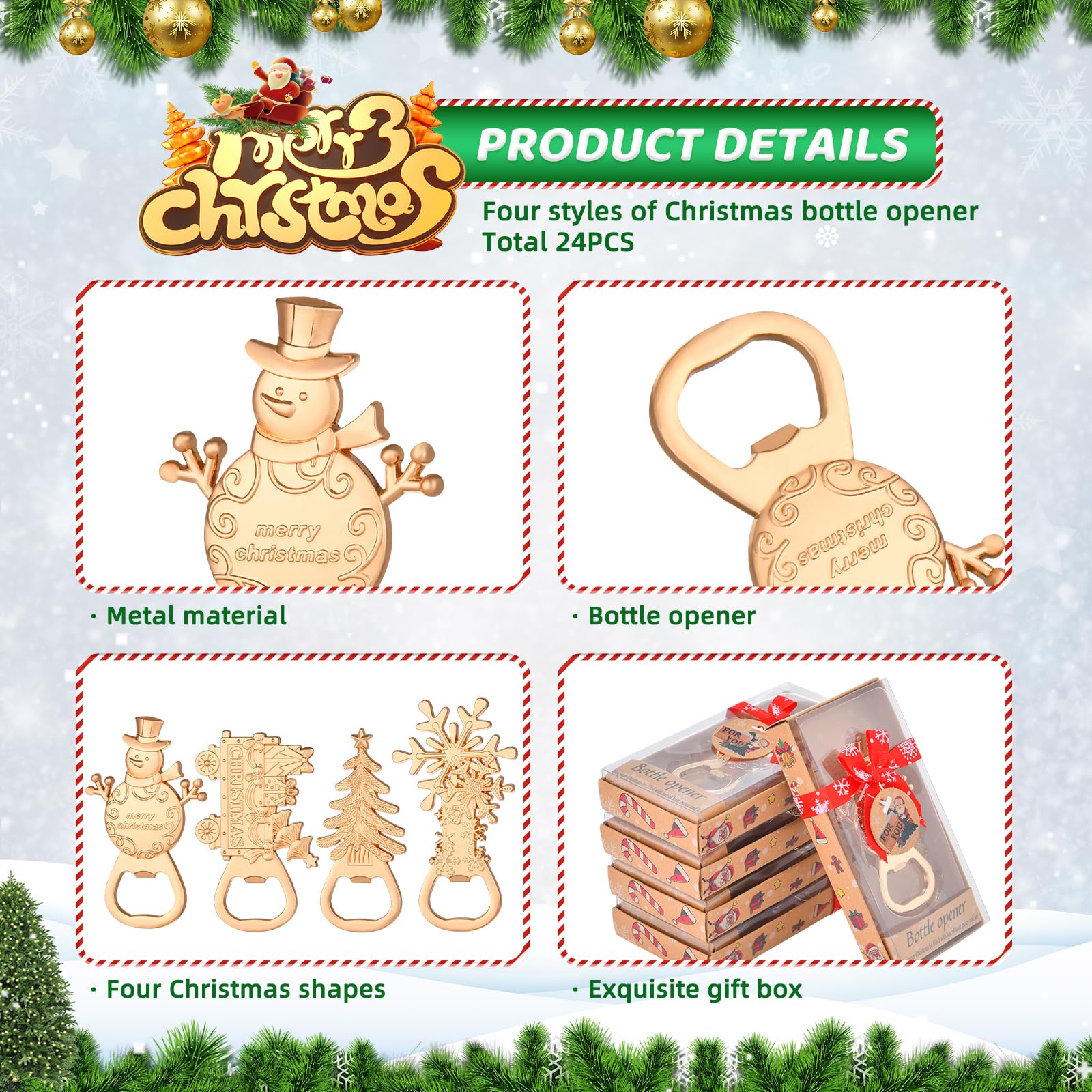 wxfdac 4-in-1 Christmas snowflake bottle opener; convenient party favor for holidays.