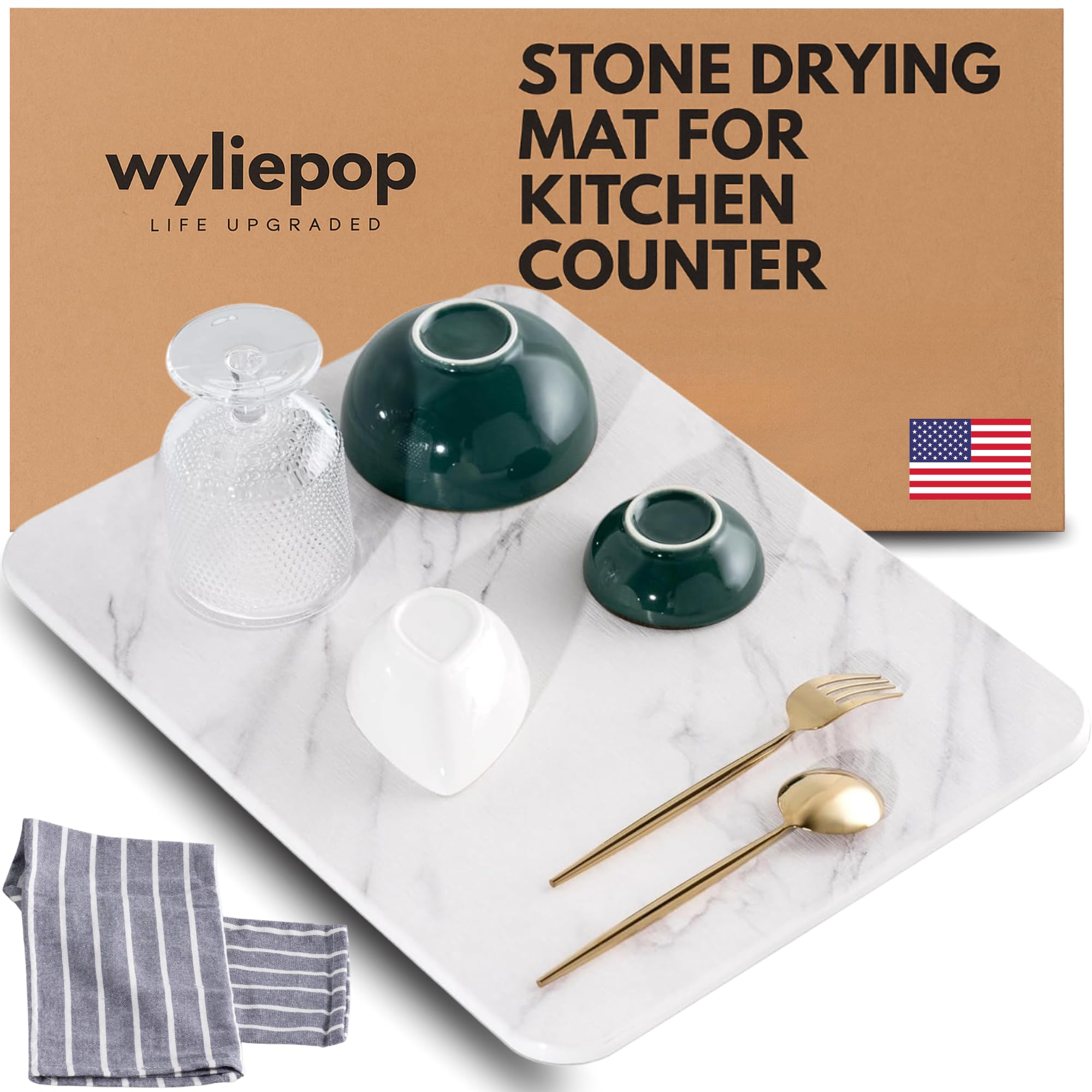 Wyliepop stone drying mat on counter with white marble, rapid water absorption for tidy counters.