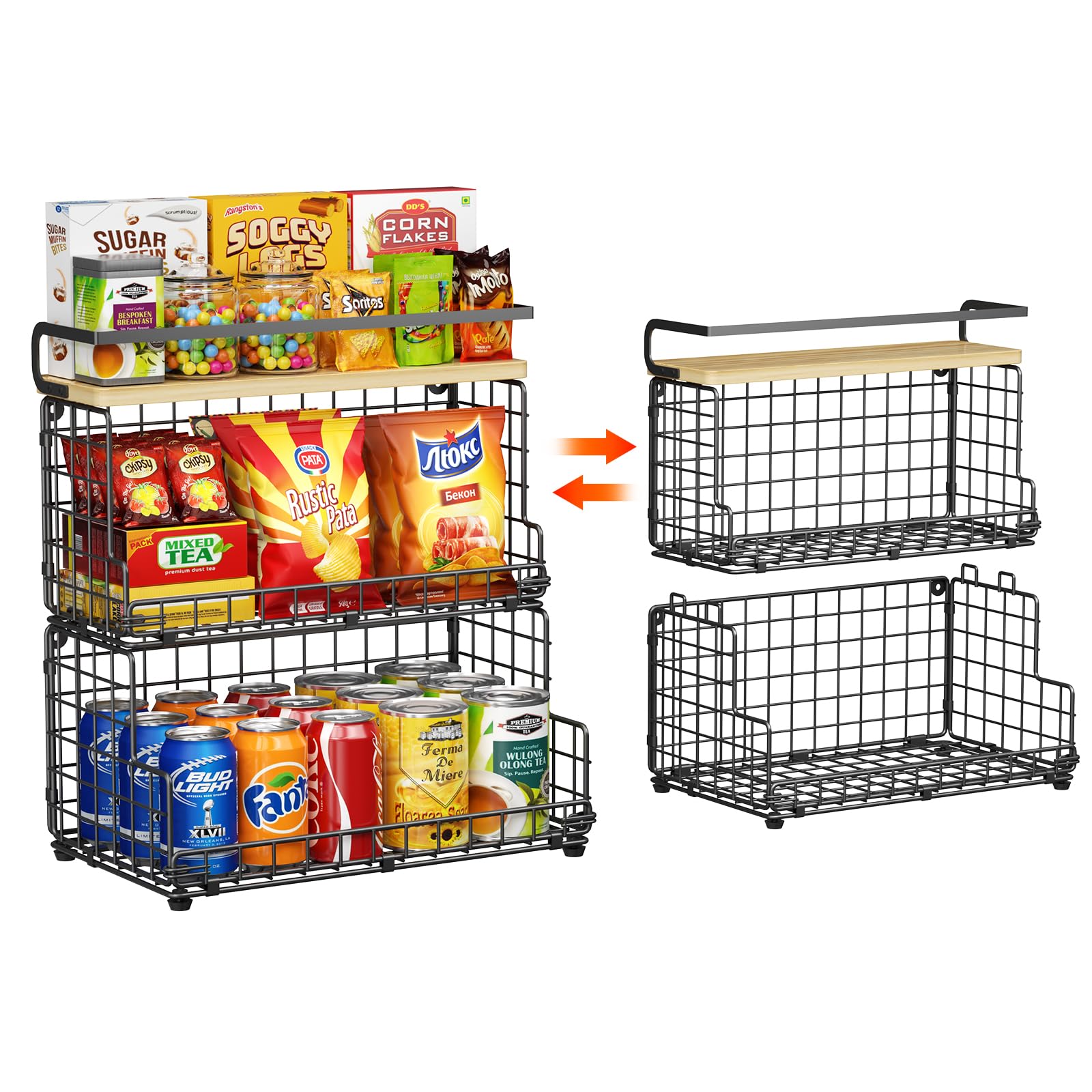 X-cosrack 3-tier stackable organizer with pine top keeps snacks tidy and accessible.
