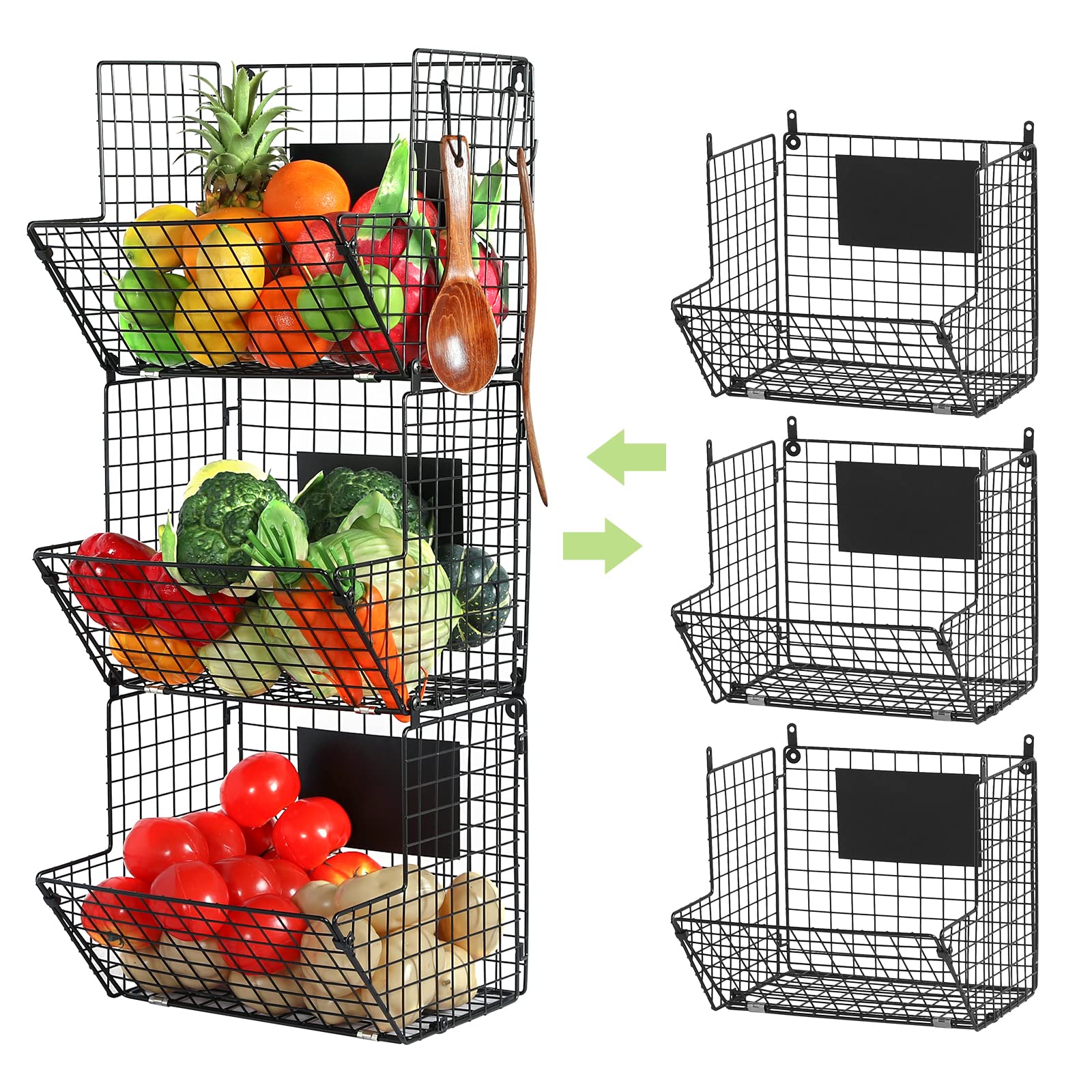 X-cosrack 3-tier wall mount basket on kitchen wall for organized produce.
