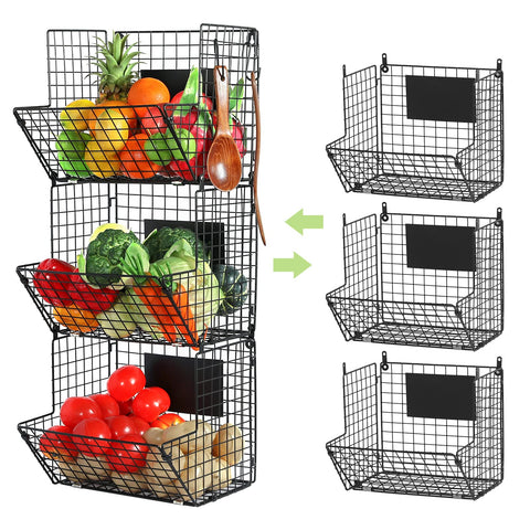 X-cosrack 3-tier wall mount basket on kitchen wall for organized produce.