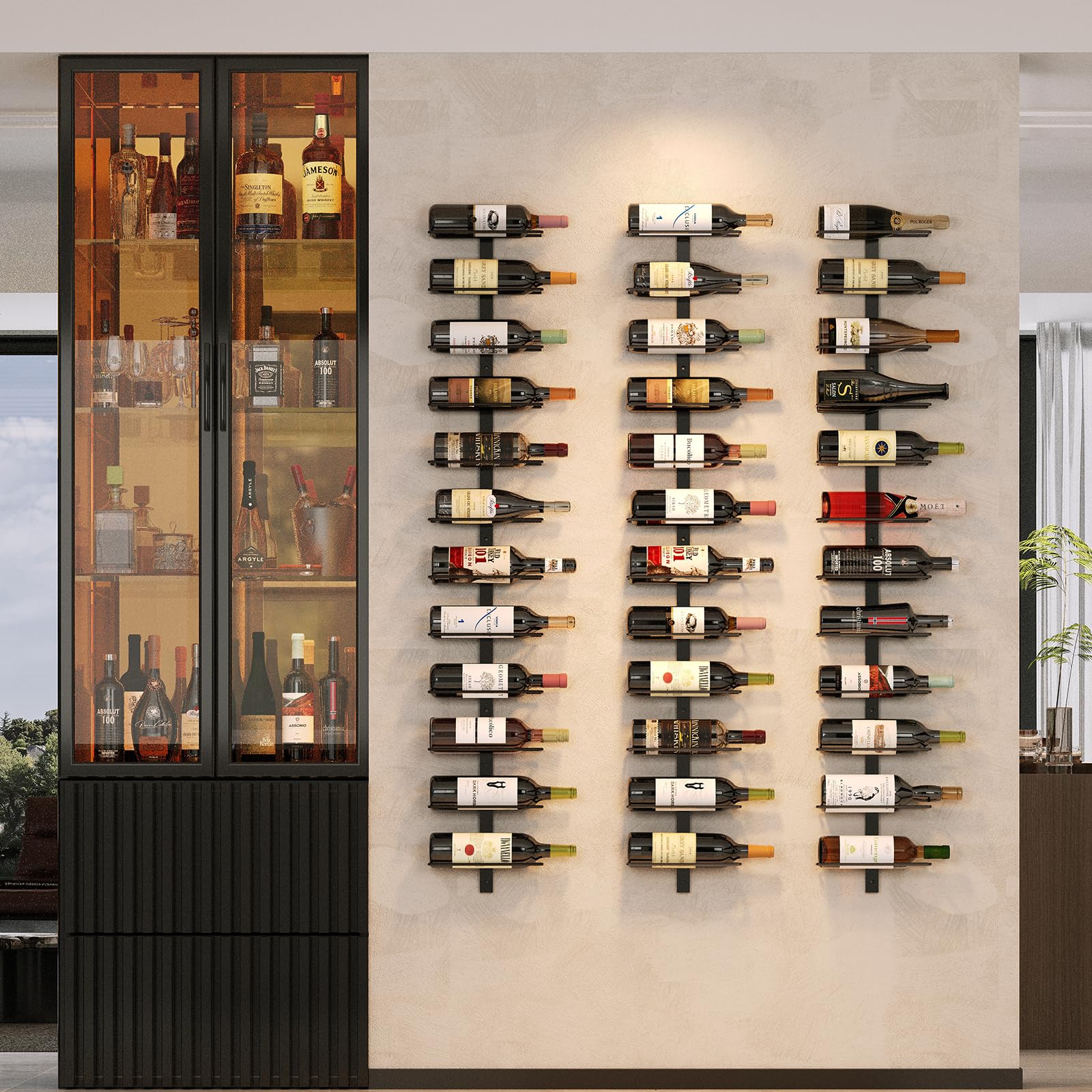 X-cosrack 36-bottle wall rack displaying a sleek, space-saving bottle arrangement.