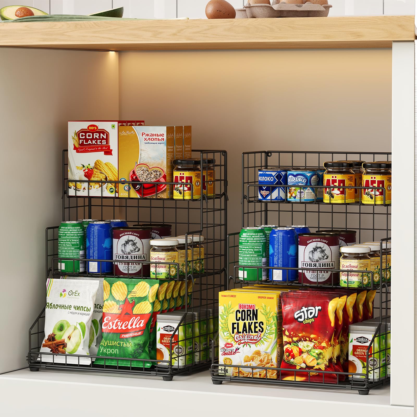 X-cosrack adjustable tilting design improves reach on pantry shelves.