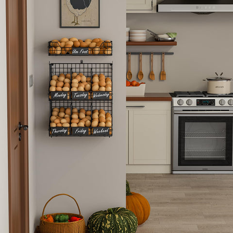 Countertop display for eggs, spices, and small produce.