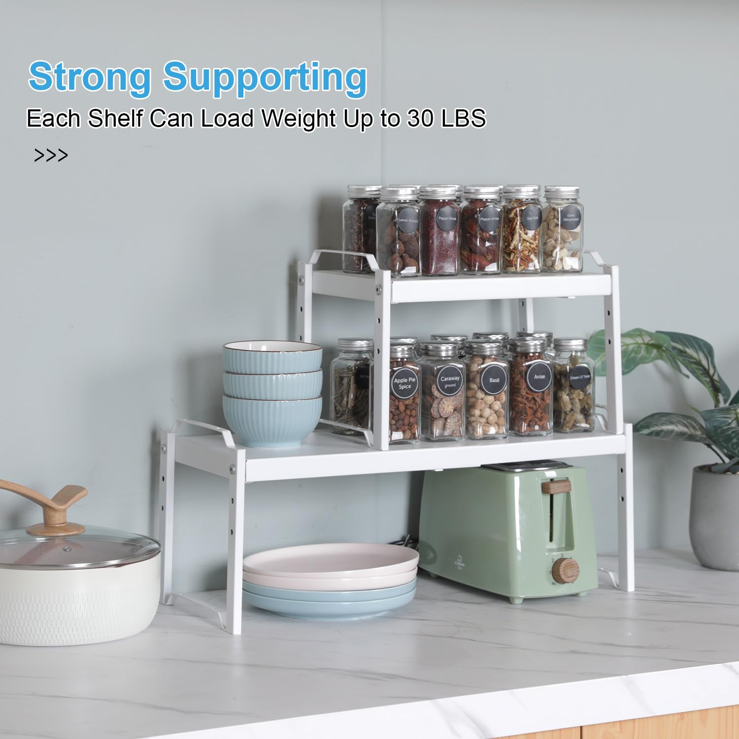 X-cosrack cup and dish storage on shelf, organized and easy to reach