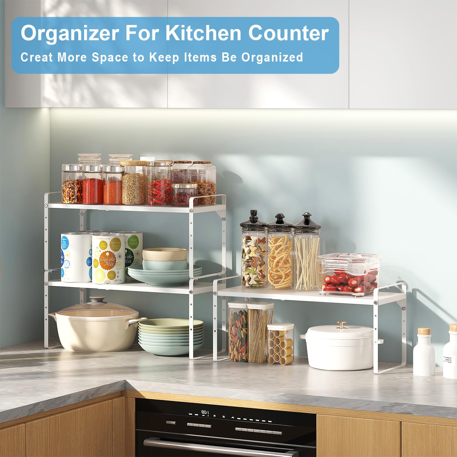 X-cosrack dishware and pantry items organized on counter and in cabinet.