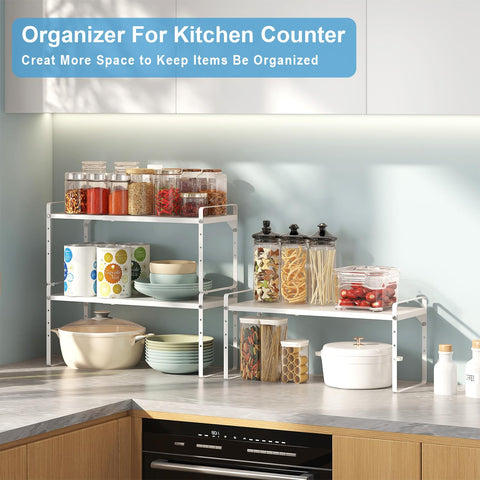 X-cosrack dishware and pantry items organized on counter and in cabinet.