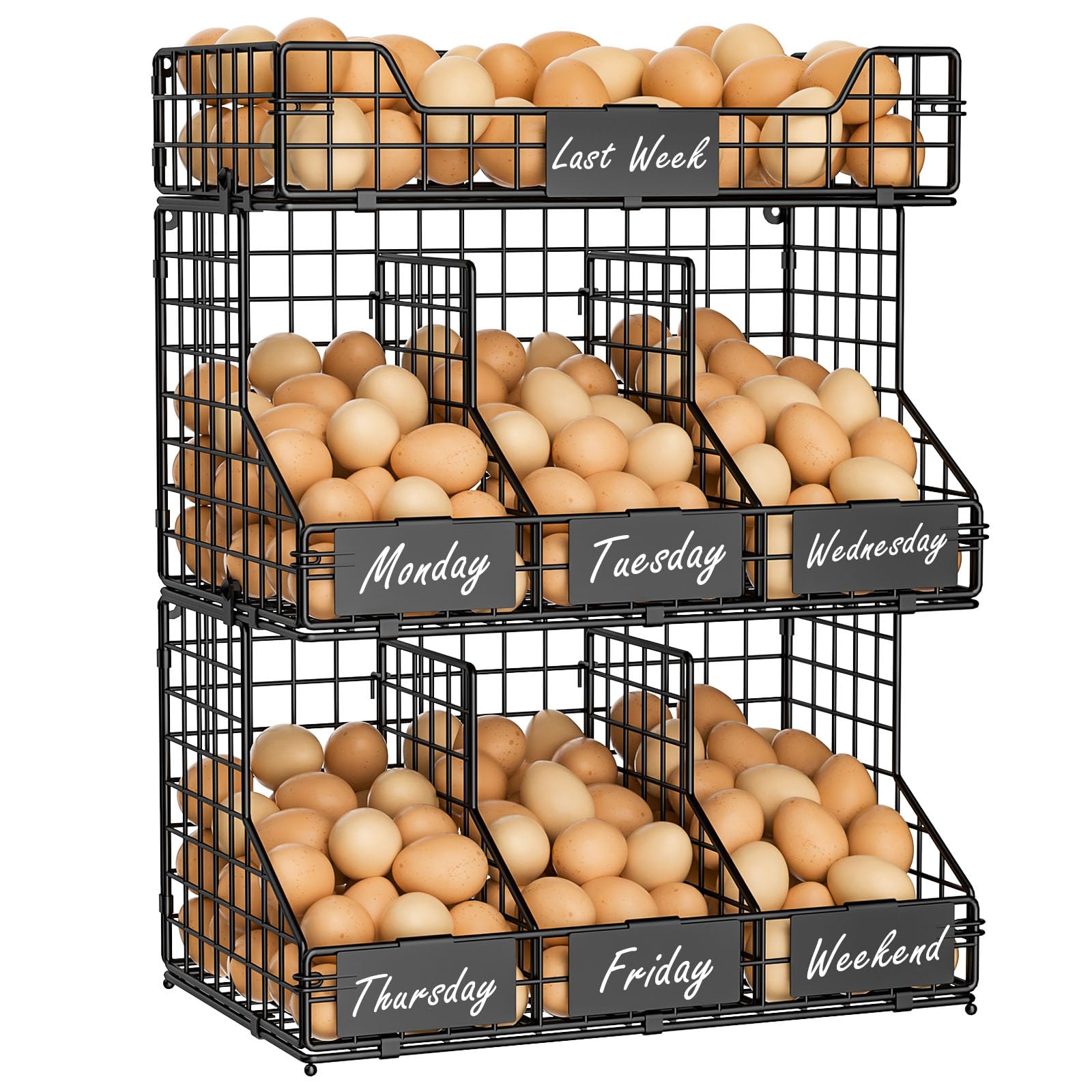 X-cosrack egg holder on countertop for organized weekly storage.