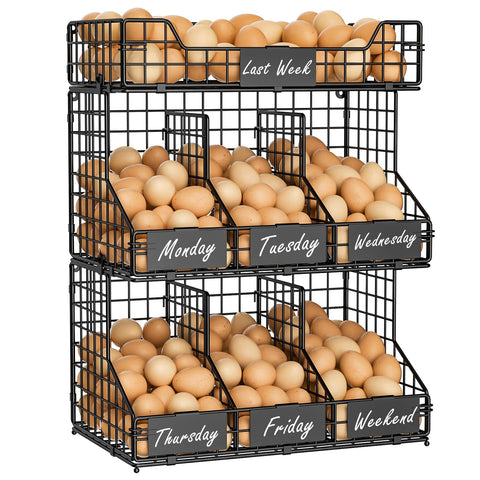 X-cosrack egg holder on countertop for organized weekly storage.