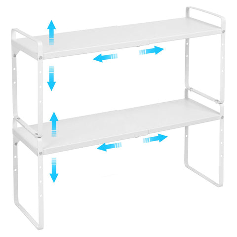 X-cosrack expandable cabinet shelf organizer on a counter for extra storage.