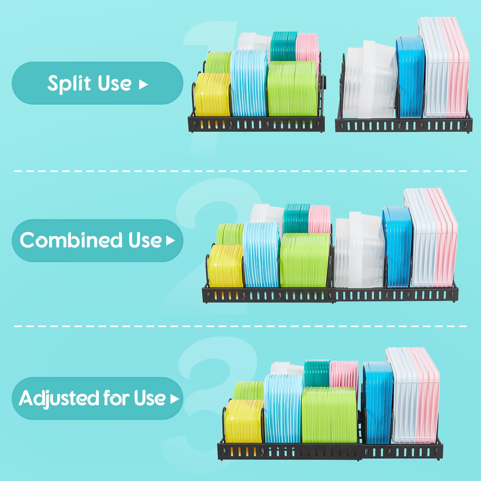 X-cosrack expandable-divider-setup shows eight adjustable compartments for customization