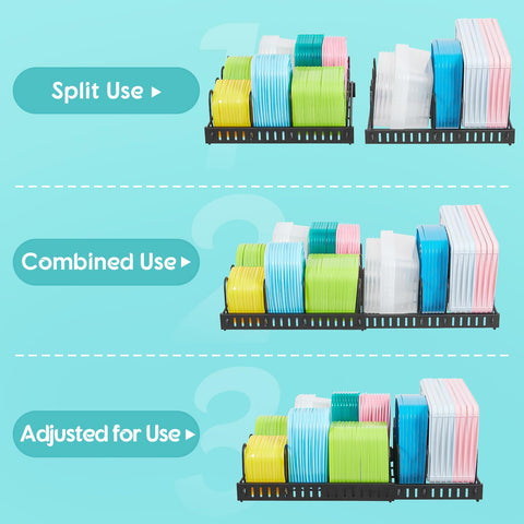 X-cosrack expandable-divider-setup shows eight adjustable compartments for customization