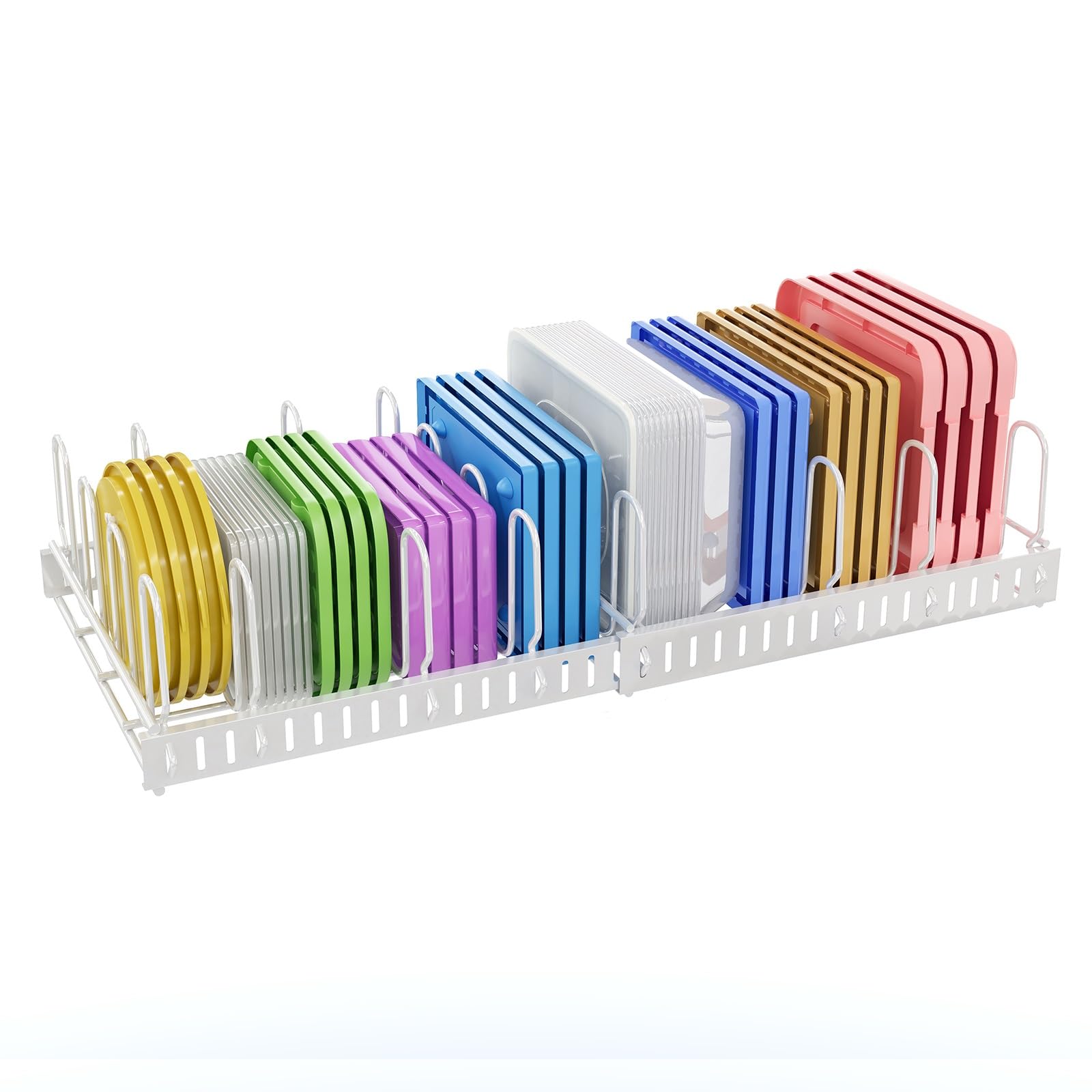 X-cosrack expandable lid organizer in cabinet keeps lids neatly accessible.