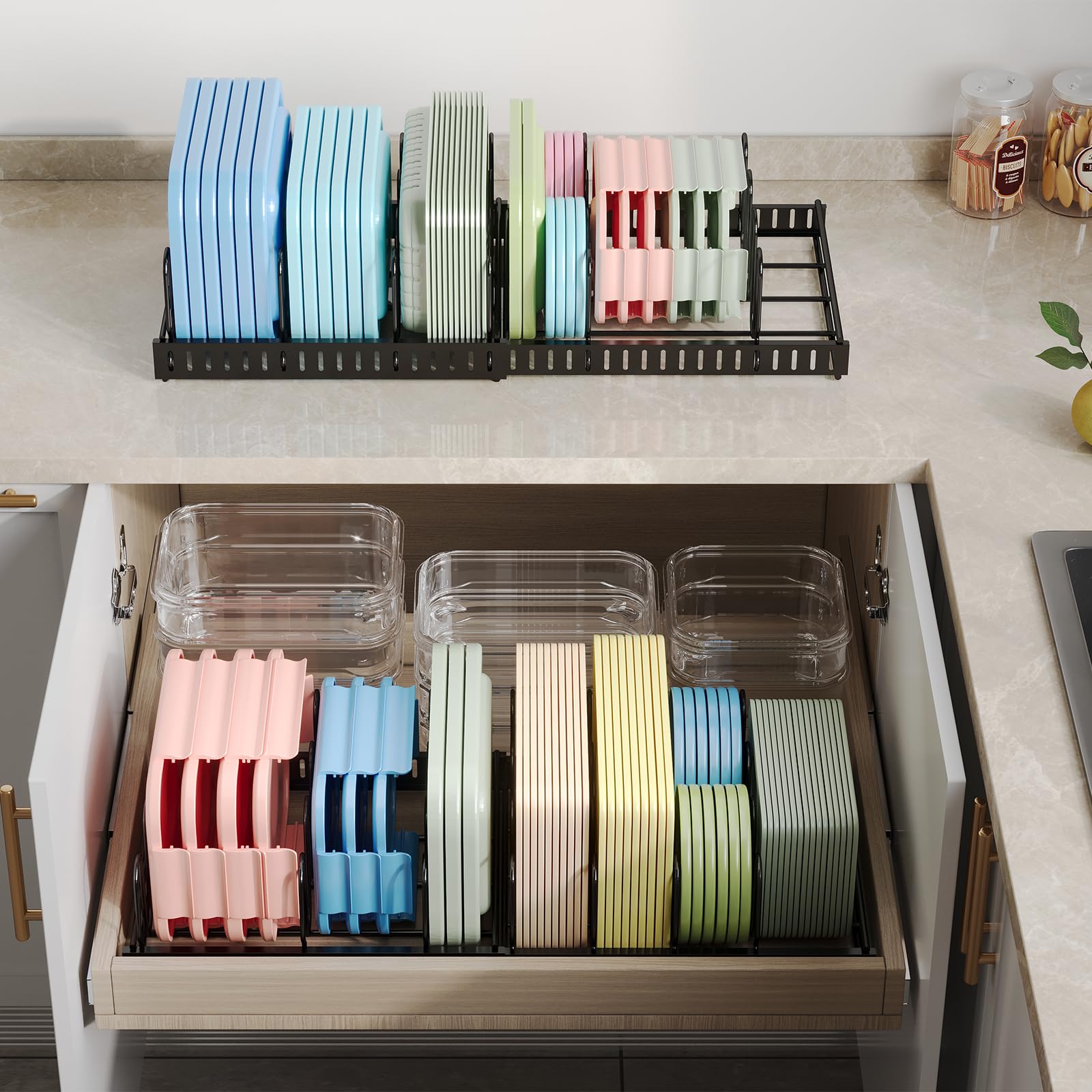 X-cosrack expandable lid organizer side view demonstrates drawer-ready lid access