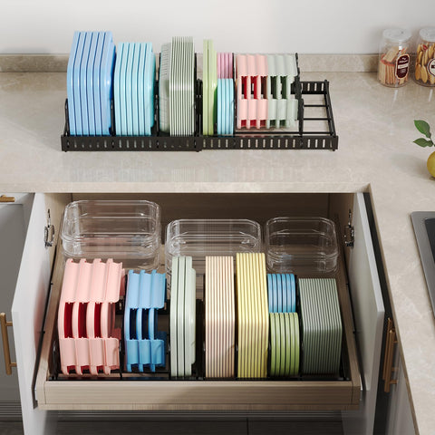 X-cosrack expandable lid organizer side view demonstrates drawer-ready lid access