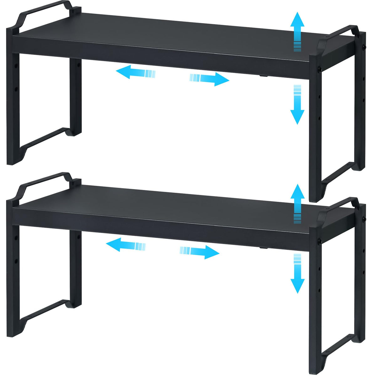 X-cosrack expandable shelf in cabinet shows adjustable length for pantry organization