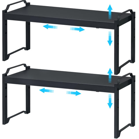 X-cosrack expandable shelf in cabinet shows adjustable length for pantry organization
