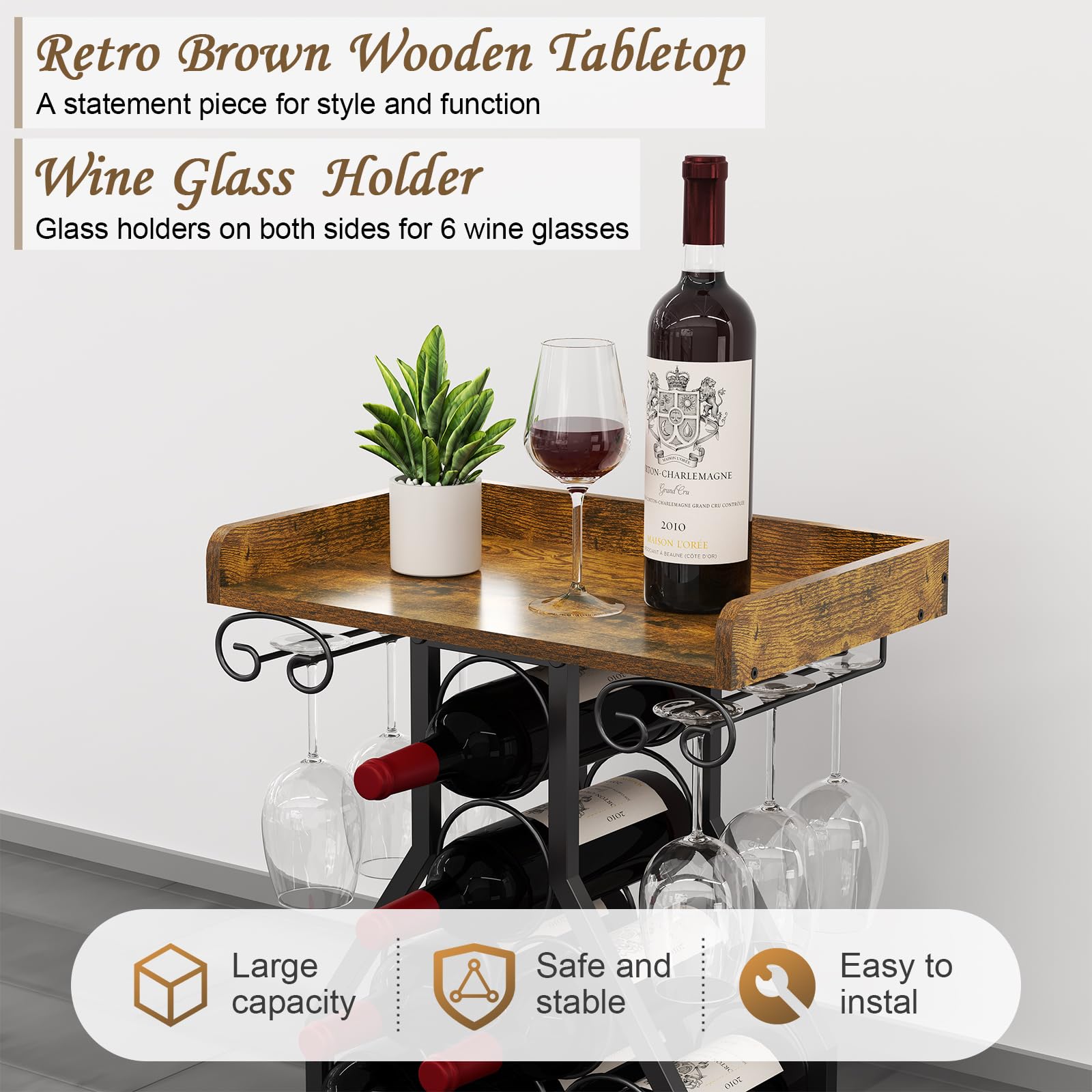 X-cosrack glass holders on the sides help organize stems.