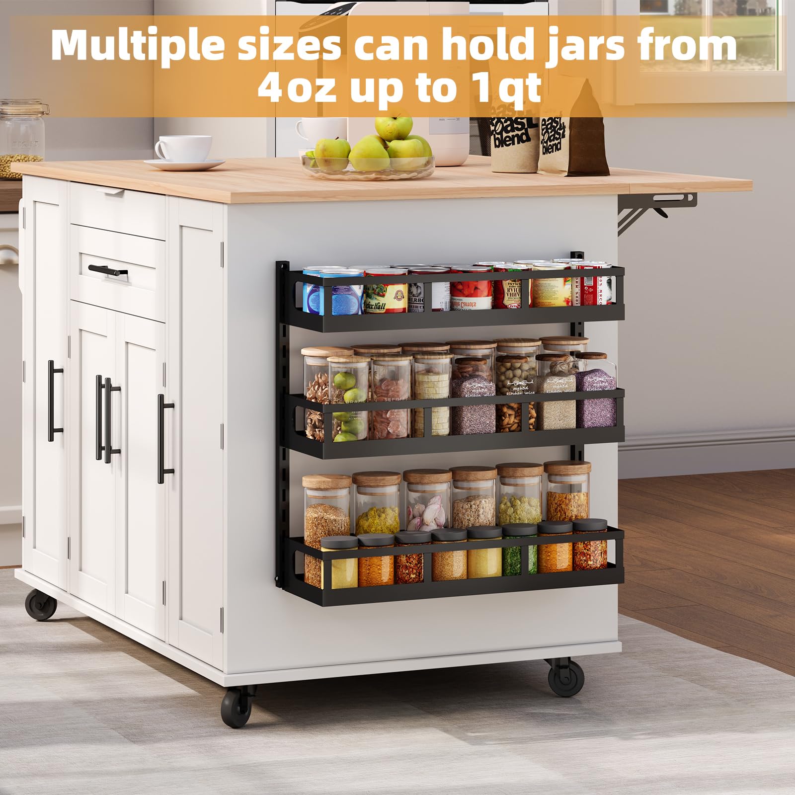 X-cosrack height-adjustable shelves fit varying jar sizes
