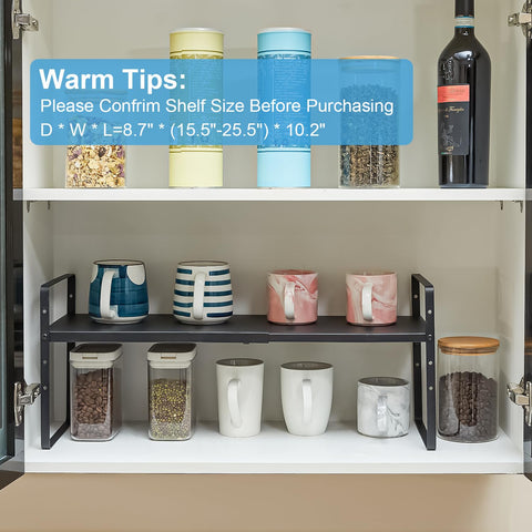 X-cosrack kitchen counter storage enhances access to plates and mugs.