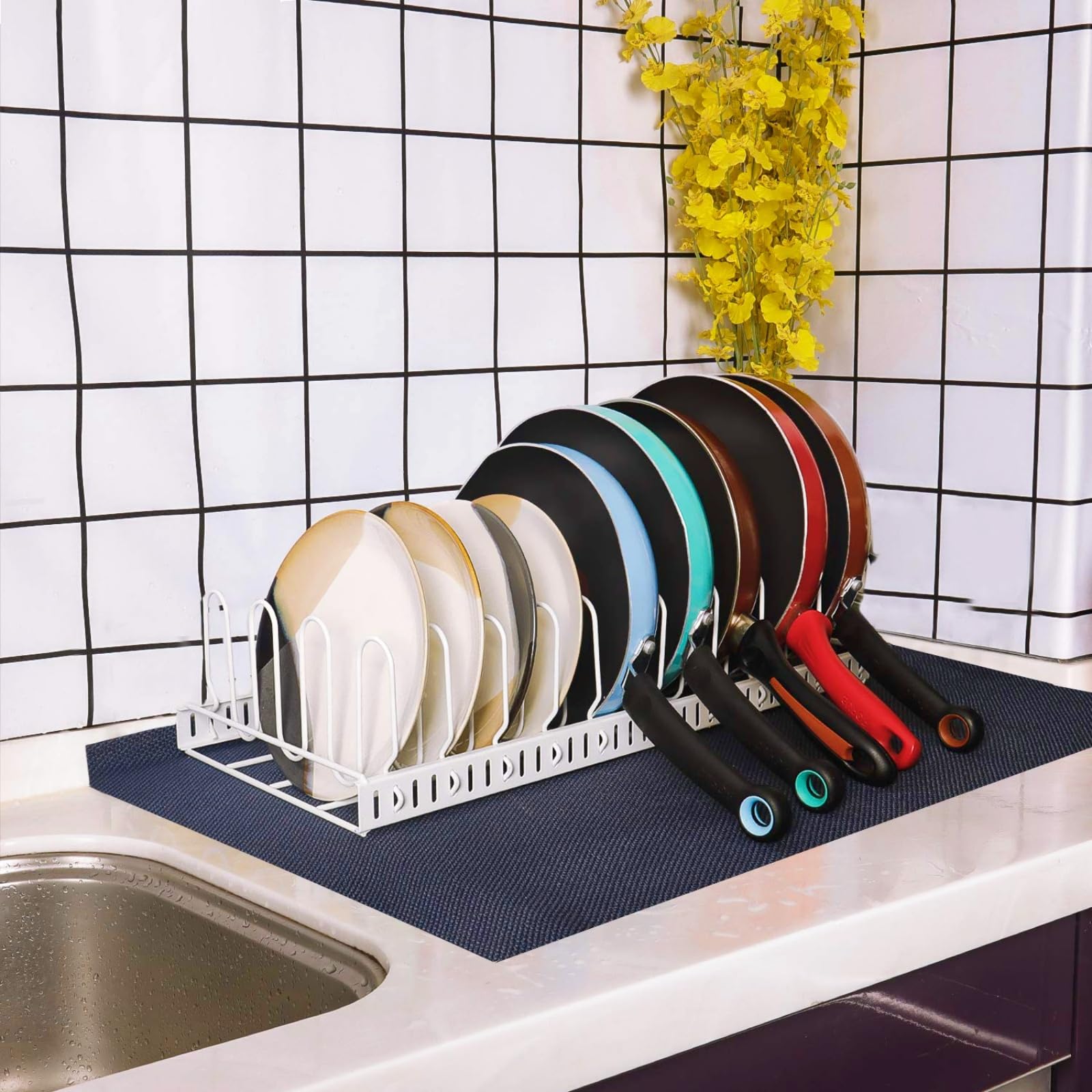 X-cosrack large capacity lid organizer saves space on pantry shelves.