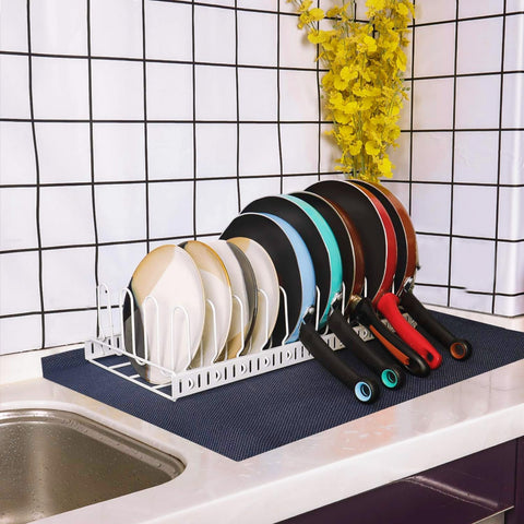 X-cosrack large capacity lid organizer saves space on pantry shelves.