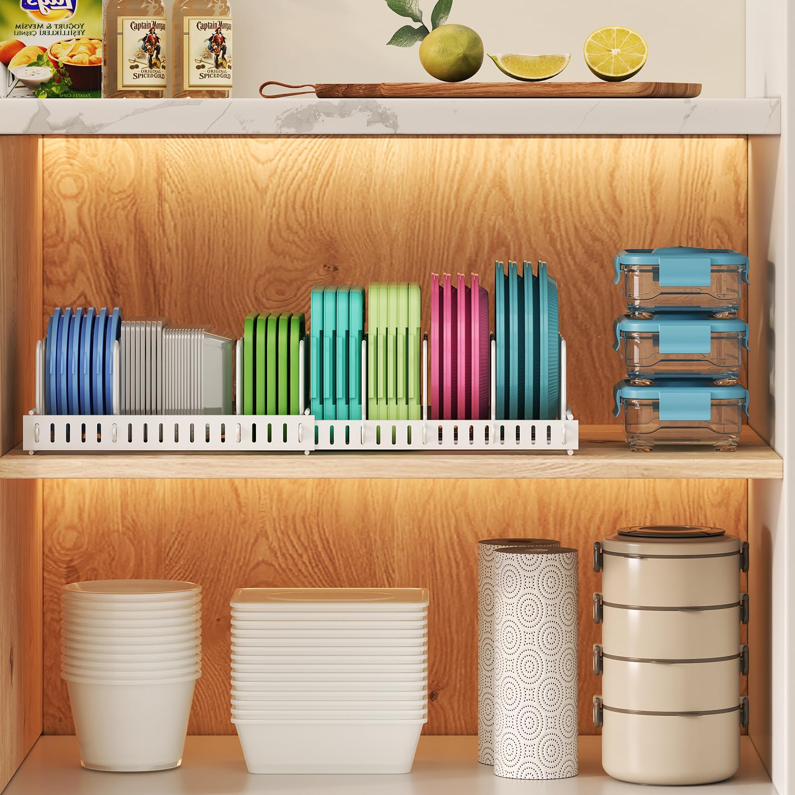 X-cosrack lid organizer with adjustable dividers fits various lid sizes.