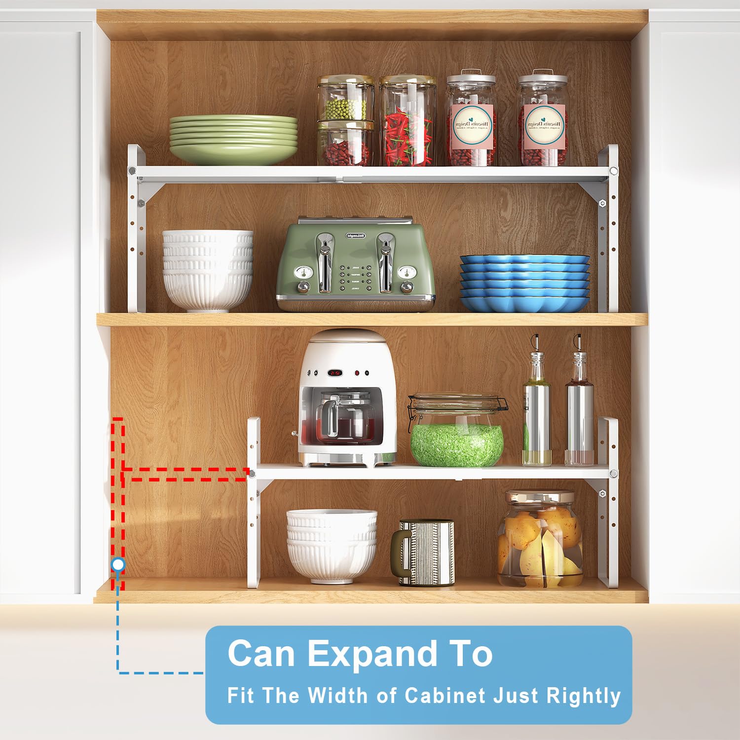 X-cosrack multipurpose kitchen shelf for dishes, mugs, and snacks.