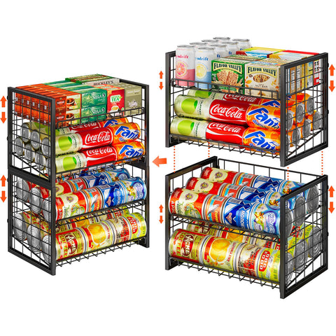X-cosrack stackable can rack assembly enhances pantry organization and accessibility.