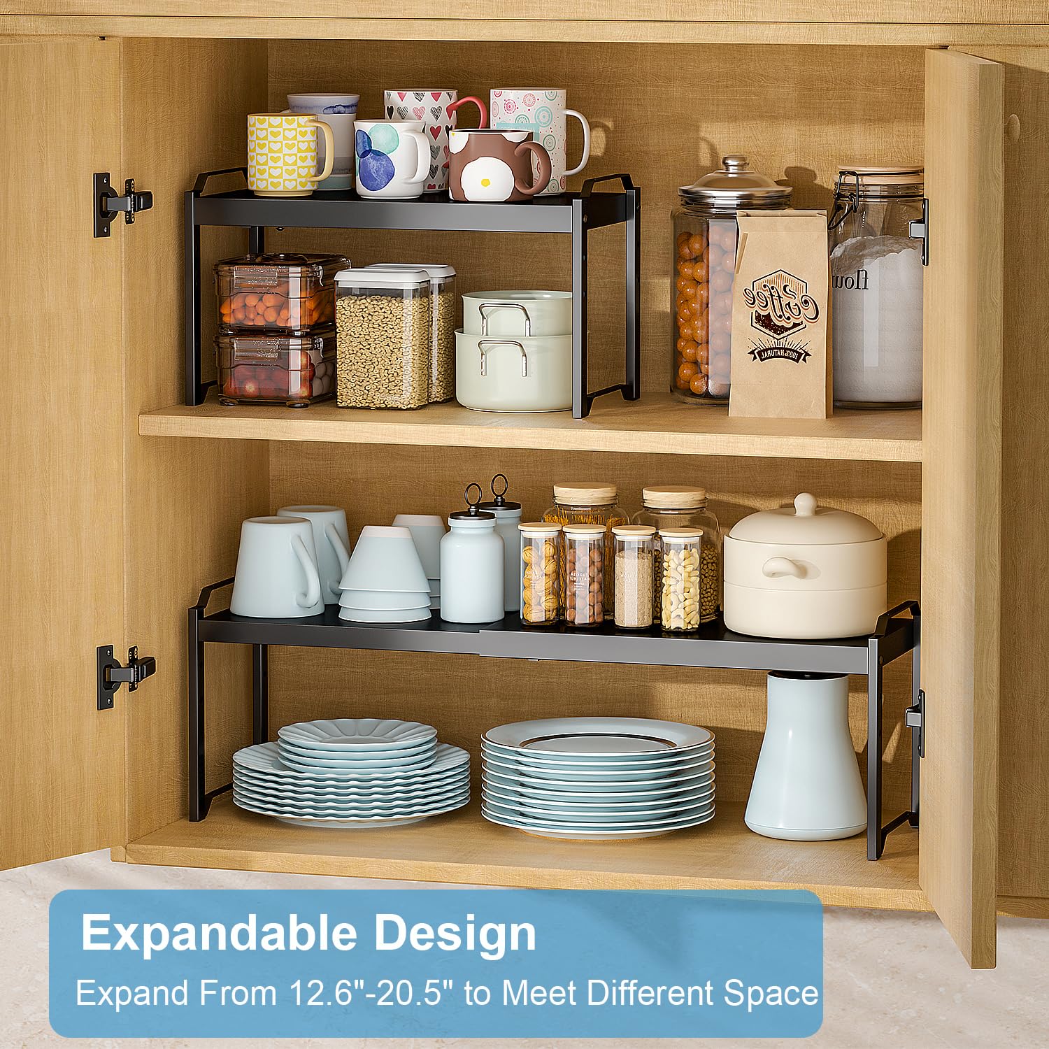 X-cosrack stackable design saves cabinet space and doubles as organizer.