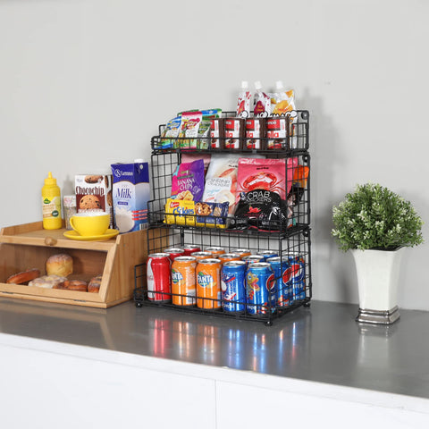 X-cosrack 3-tier basket on countertop demonstrates compact kitchen organization