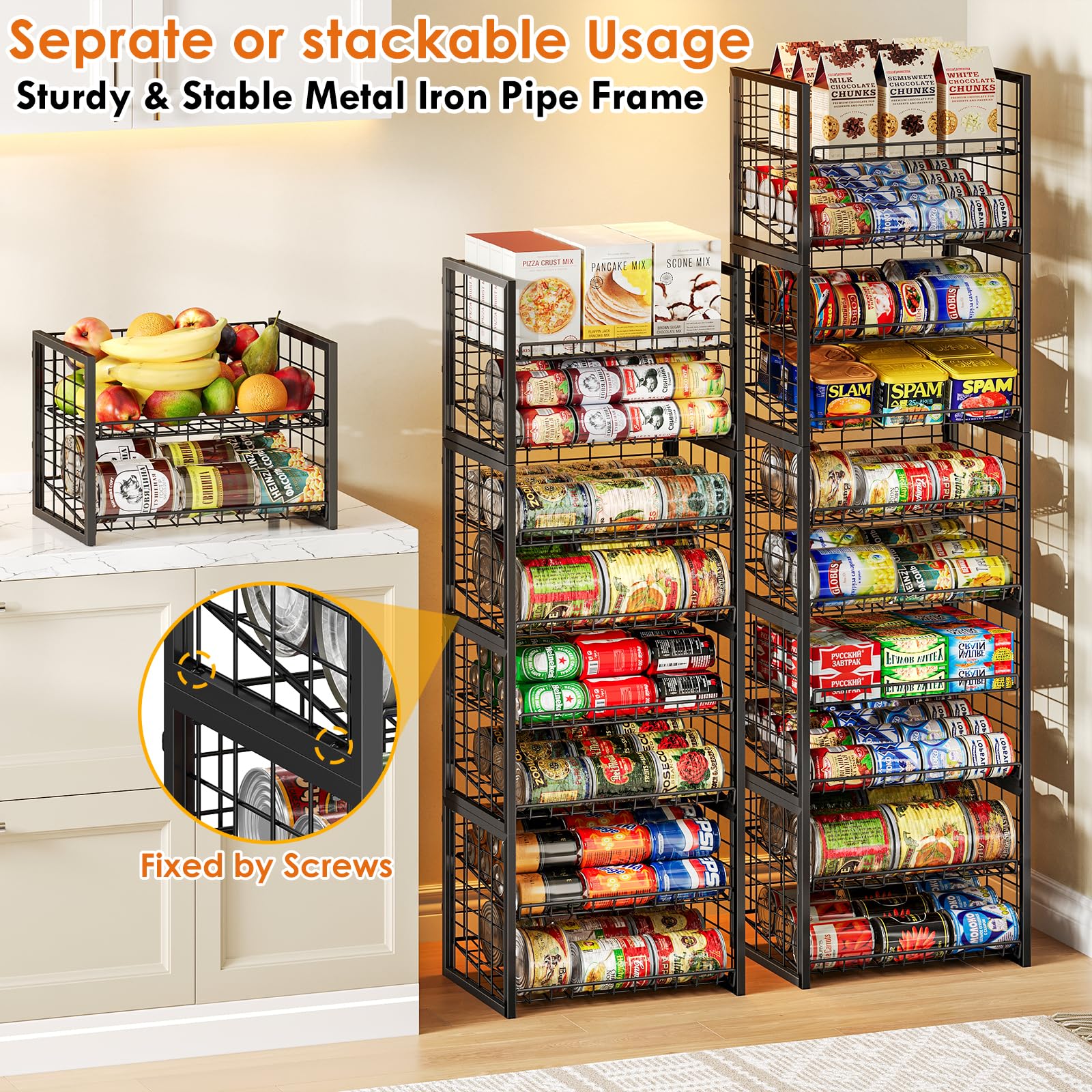 X-cosrack two-tier shelves adjust for different can sizes.