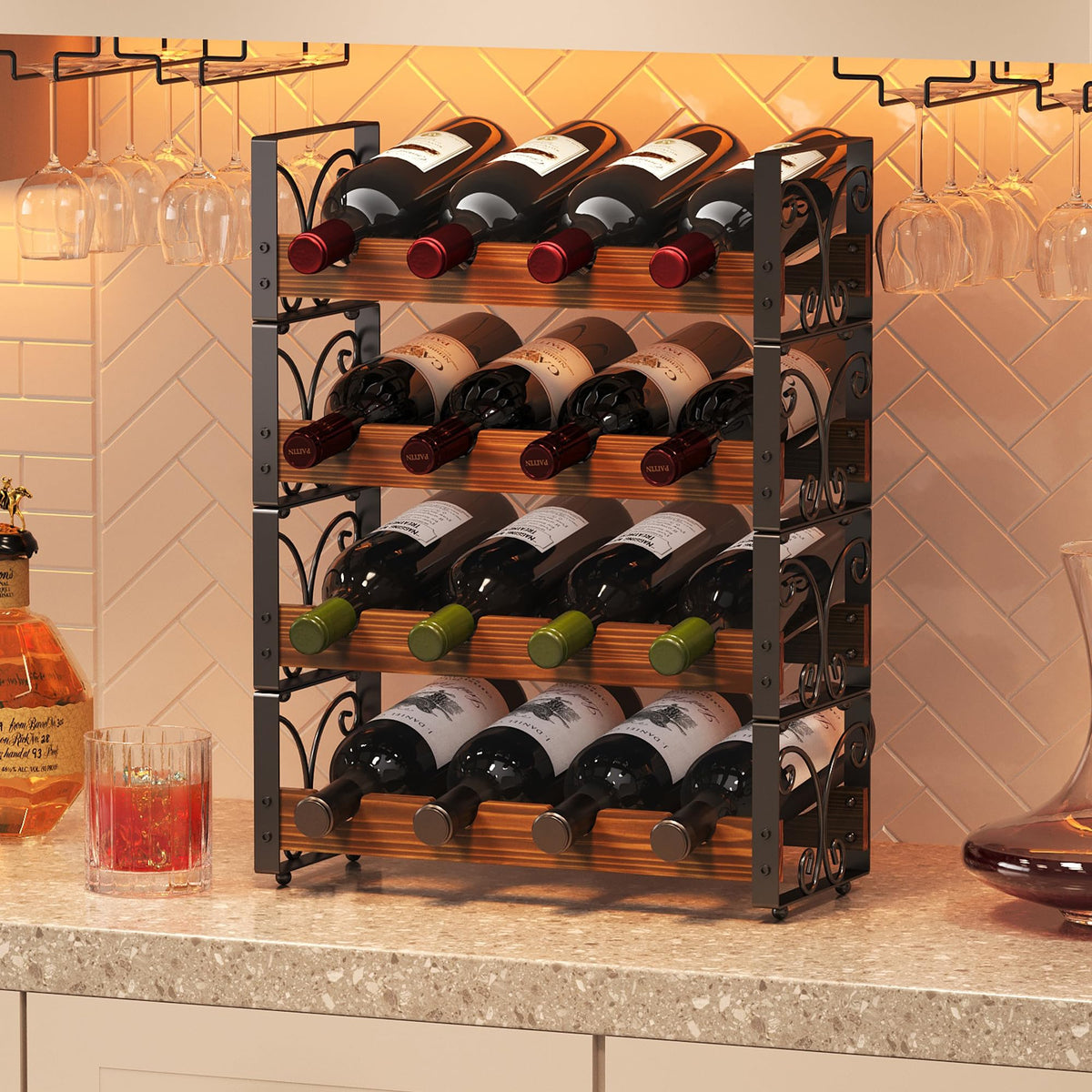X-cosrack stackable wine rack on counter showing organized bottles