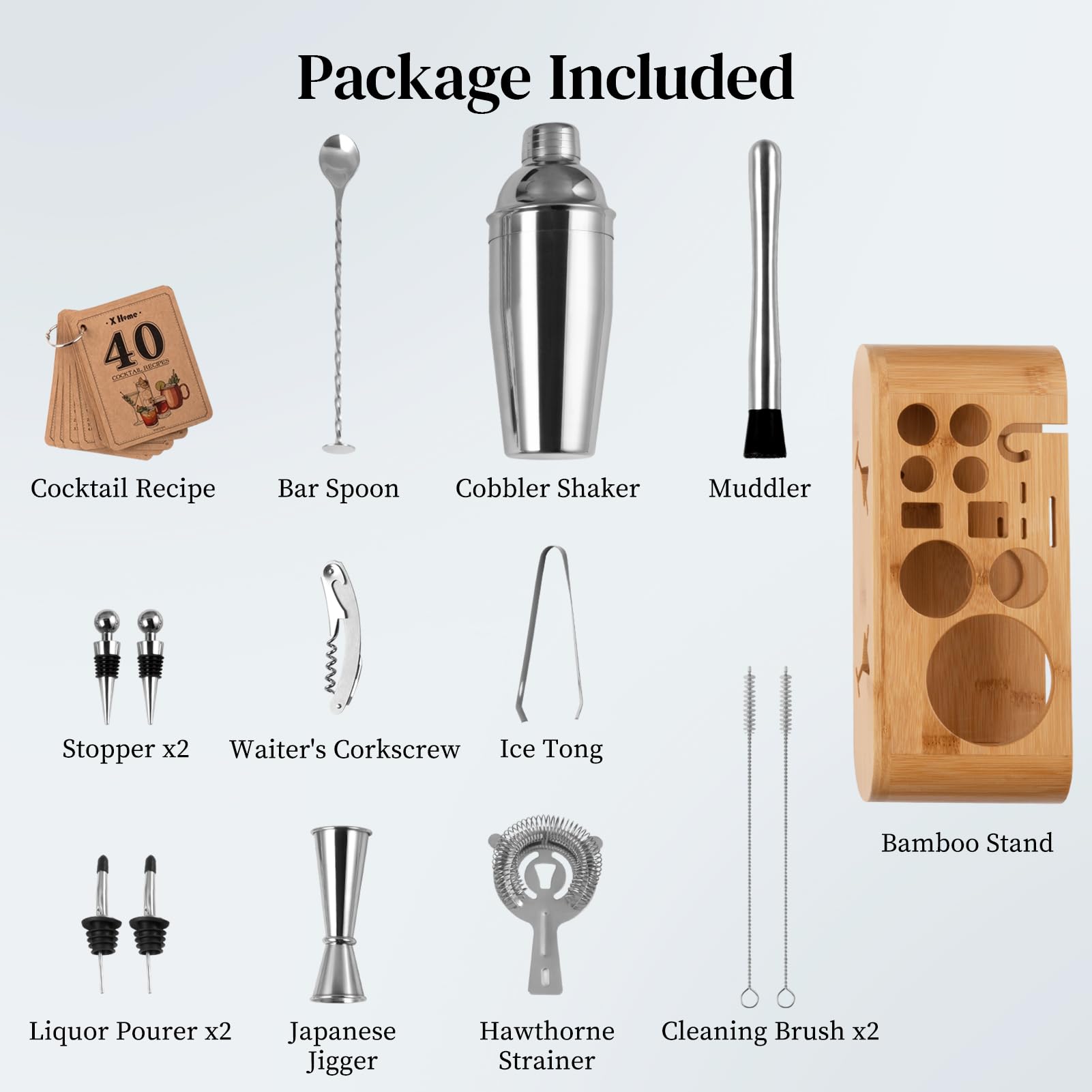 X Home 24 oz cocktail shaker in polished stainless steel for smooth mixing.