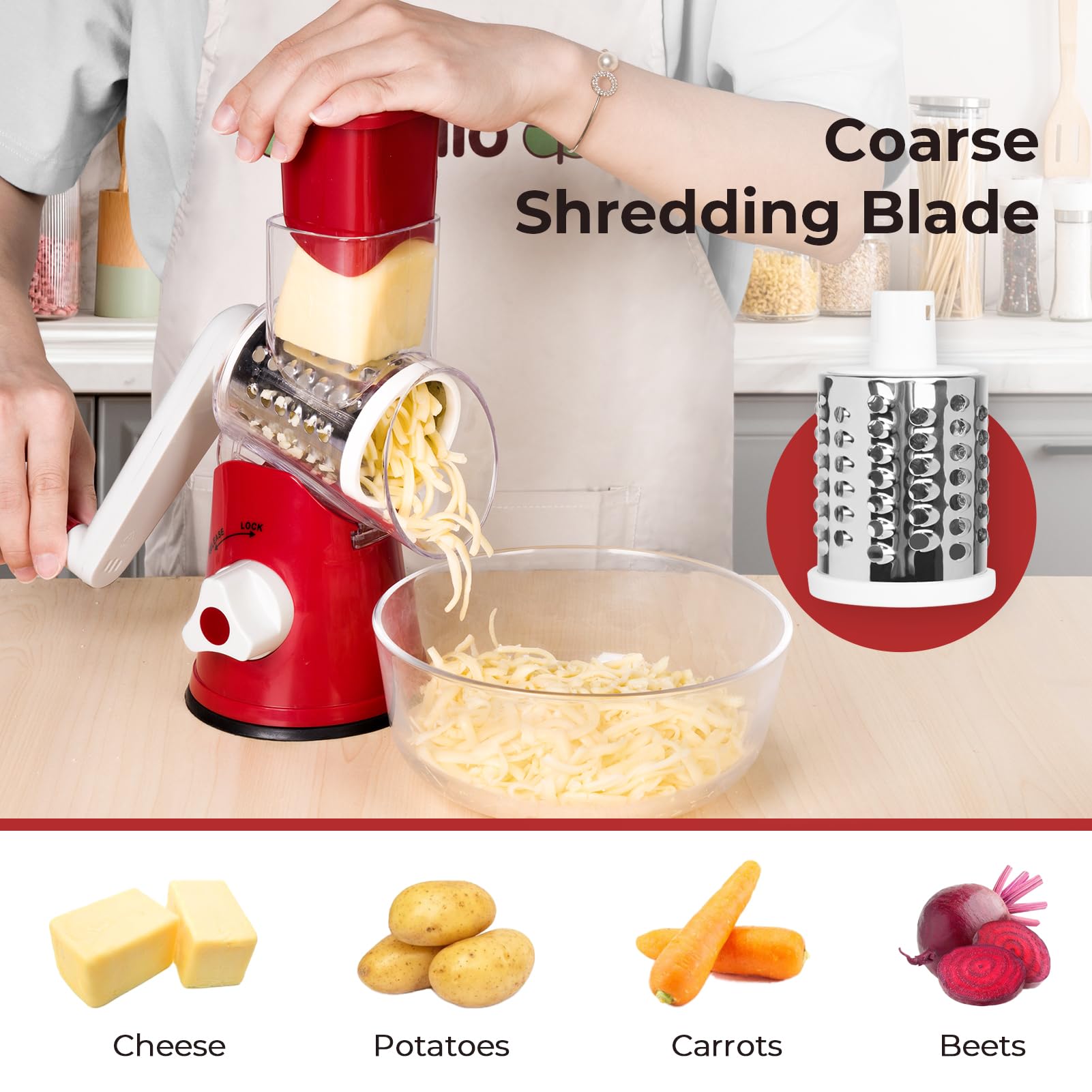 X Home Rotary Cheese Grater blade attachments enable versatile slicing and shredding.