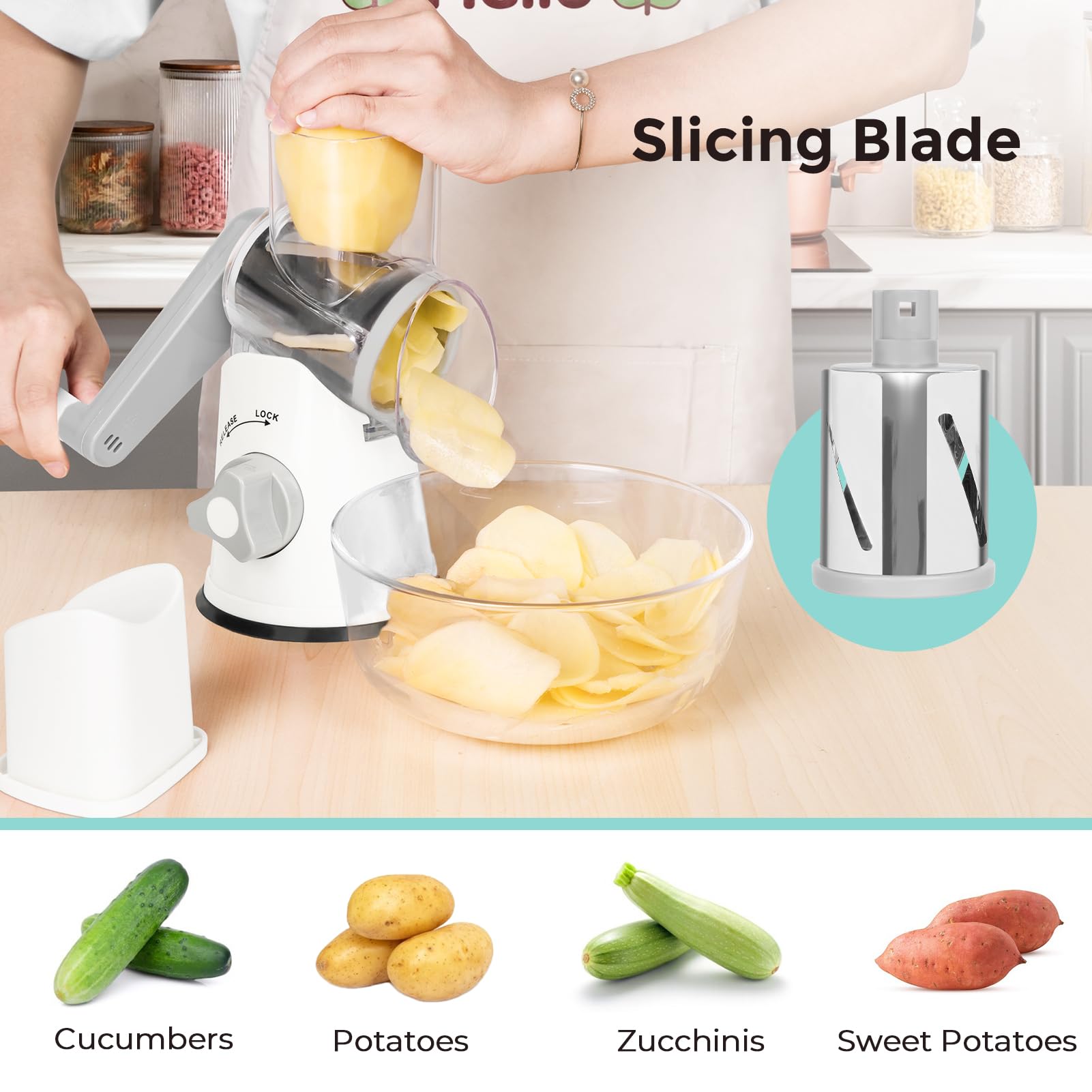 X Home Rotary Cheese Grater blades set for slicing, shredding, and coarse grinding