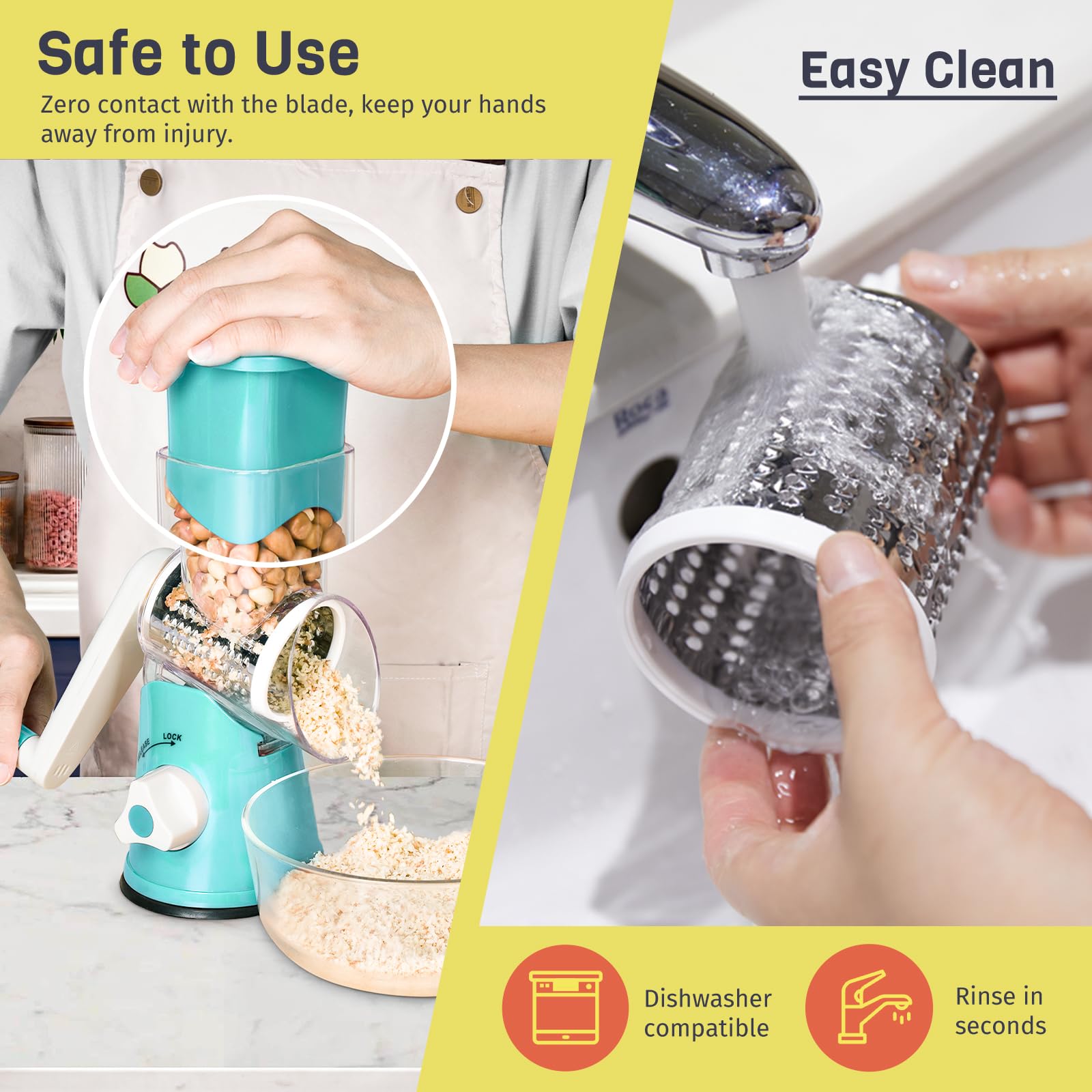 X Home rotary cheese grater easy cleaning with detachable drum blades.
