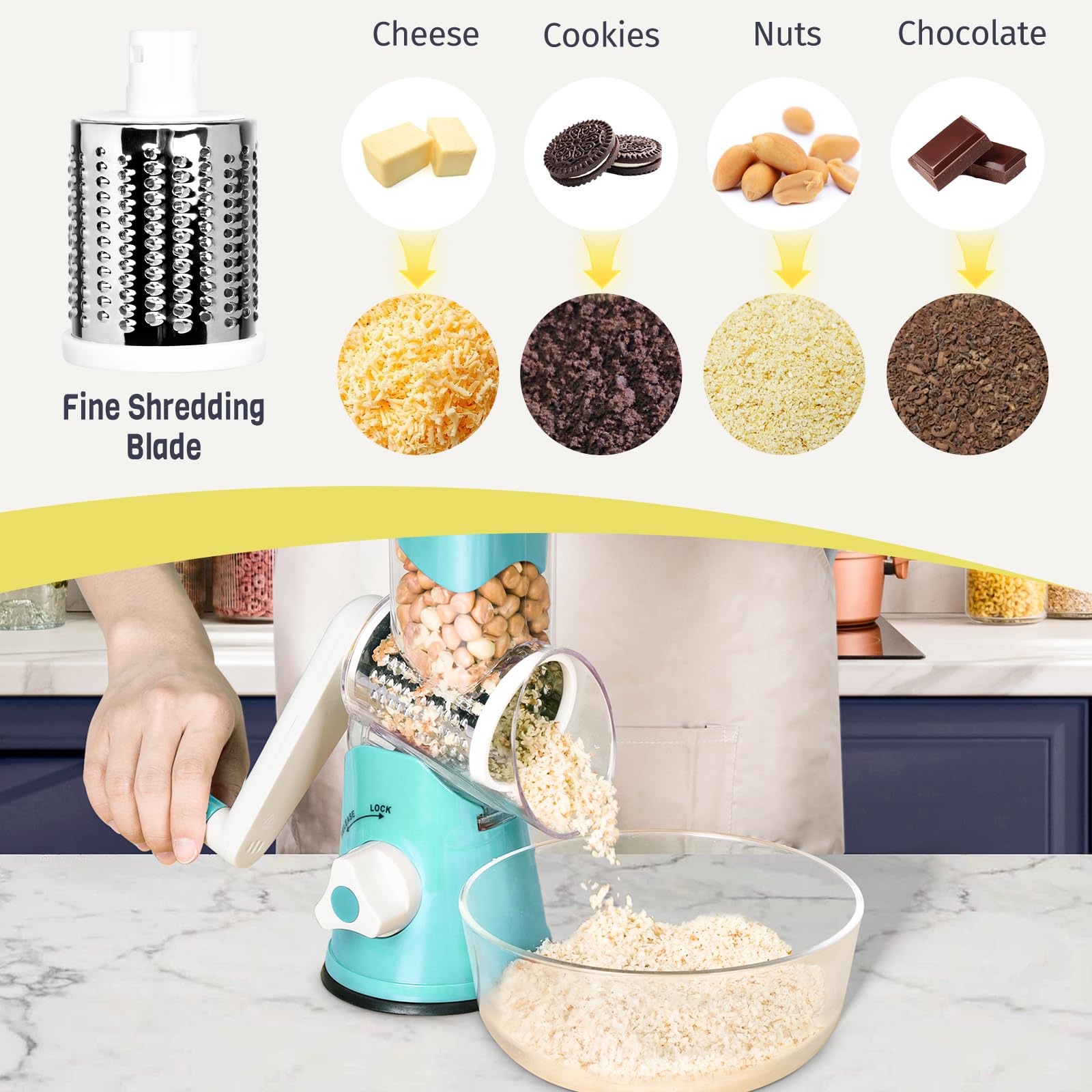 X Home rotary cheese grater on-counter use for prep-friendly cooking.