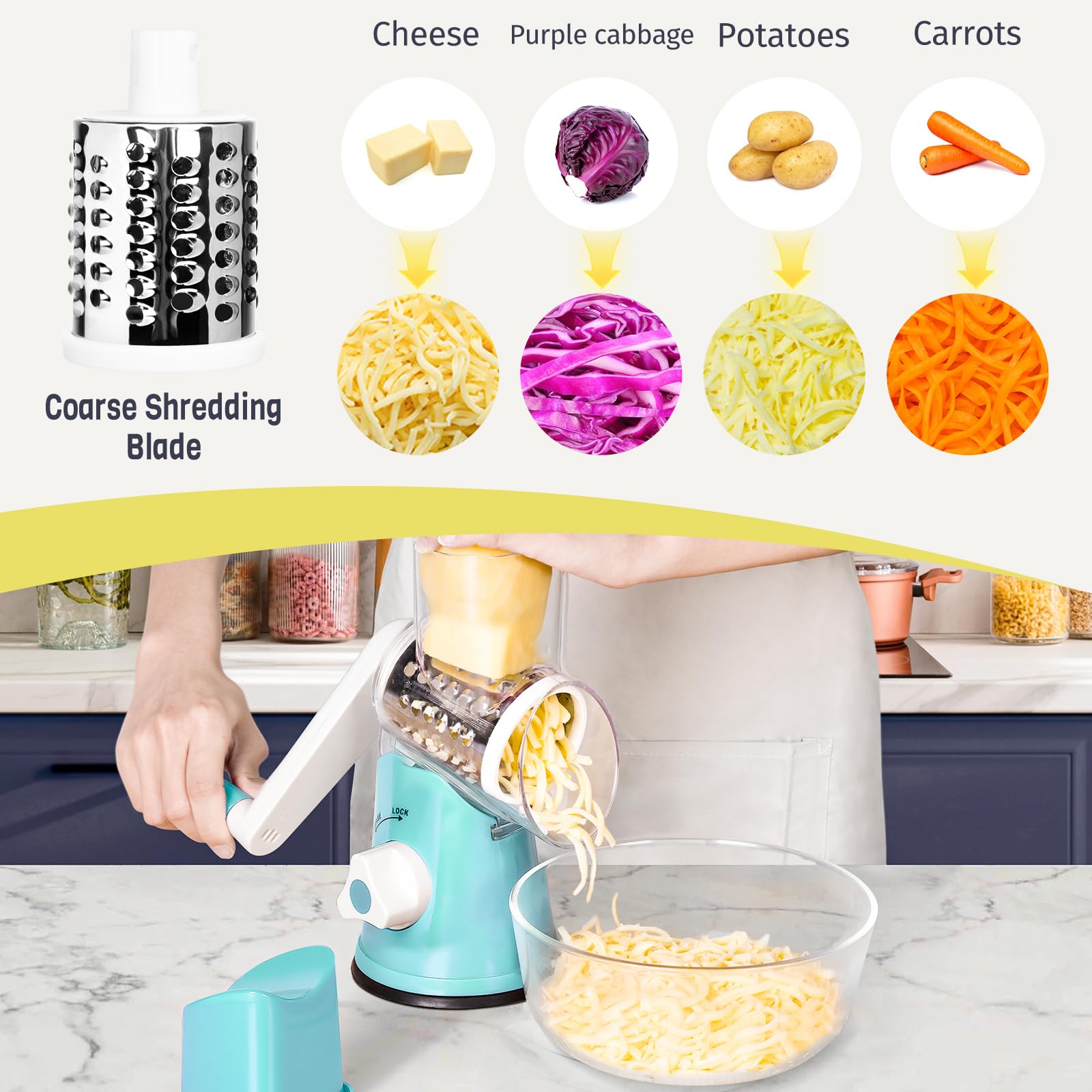 X Home rotary cheese grater drum blades for quick, even results.