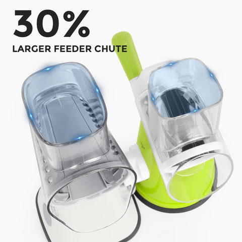 X Home rotary cheese grater feeder chute reduces reloads for faster prep