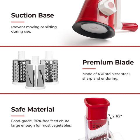 X Home Rotary Cheese Grater food pusher protects fingers during use.
