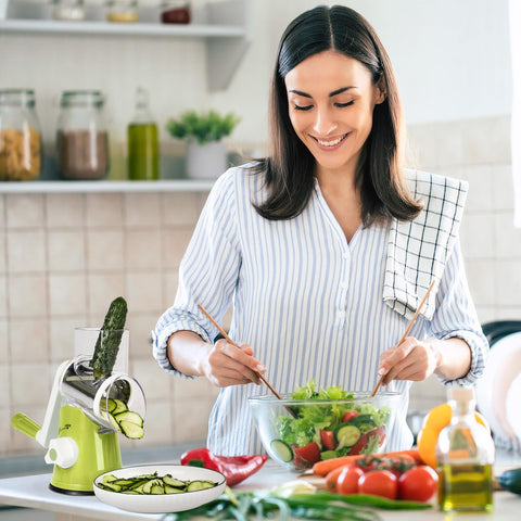 X Home Rotary Cheese Grater with food pusher helps keep hands safe.