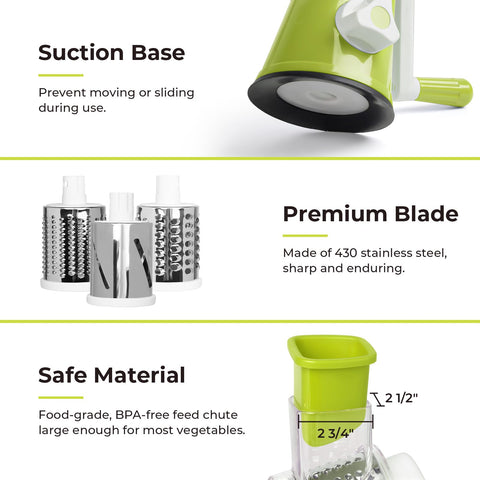 X Home Rotary Cheese Grater green color complements your kitchen while delivering reliable shredding.