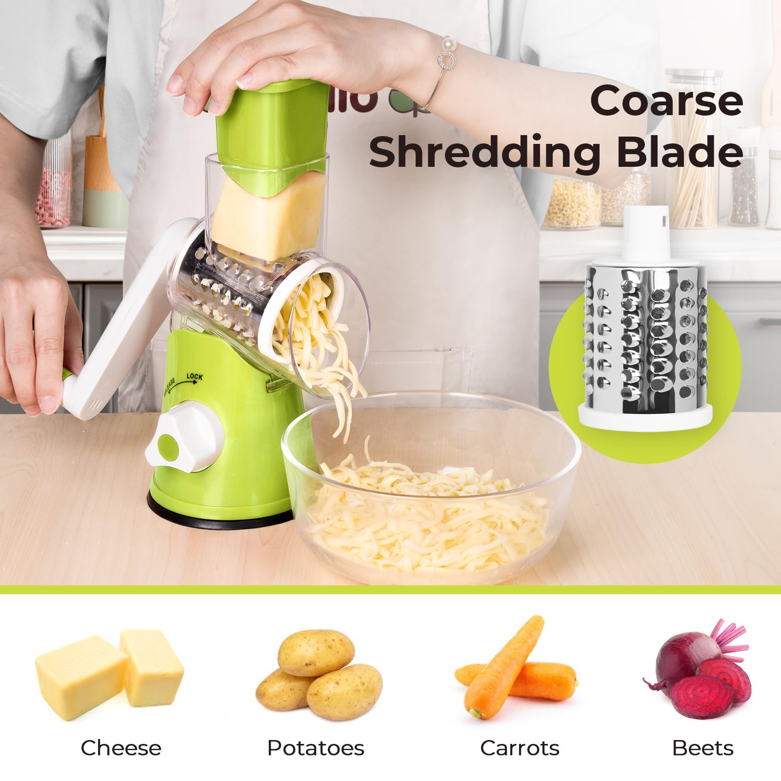 X Home Rotary Cheese Grater handle offers stable, comfortable grip during grating.