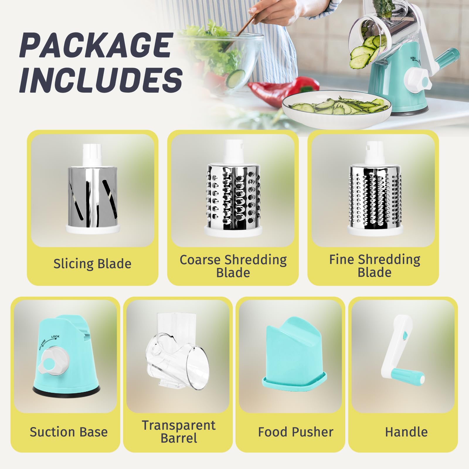 X Home rotary cheese grater dishwasher-safe parts for quick maintenance.