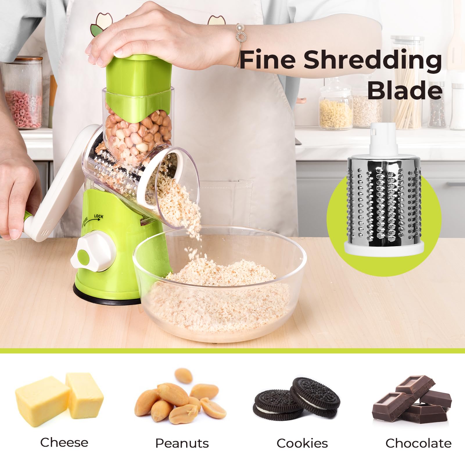 X Home Rotary Cheese Grater three blades for cheeses, vegetables, and nuts.