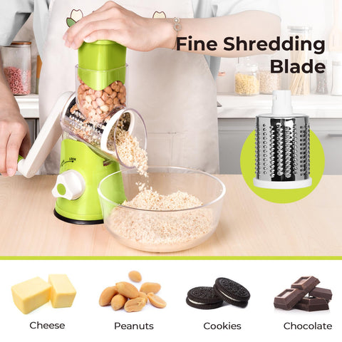 X Home Rotary Cheese Grater three blades for cheeses, vegetables, and nuts.