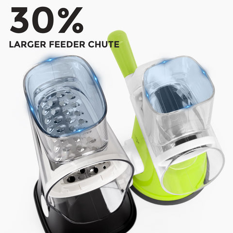 X Home feeder chute and safety pusher protect fingers during use.