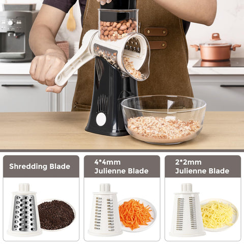 X Home grater blades show slicing, shredding, and julienne versatility for prep tasks.